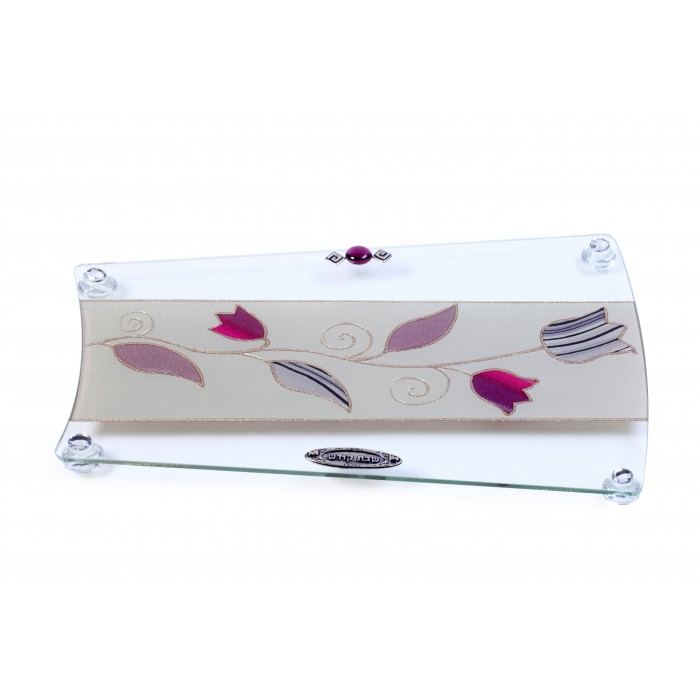 Glass Challah Board with Trapezoid Shape, Purple Flowers and Hebrew Text