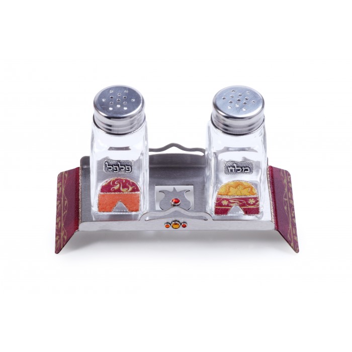 Glass Salt and Pepper Shaker Set with Stainless Steel Tray, Jerusalem Motif and Floral Pattern 