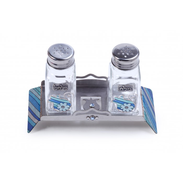 Glass Salt and Pepper Shaker Set with Stainless Steel Tray, Pomegranates and Blue Stripes 
