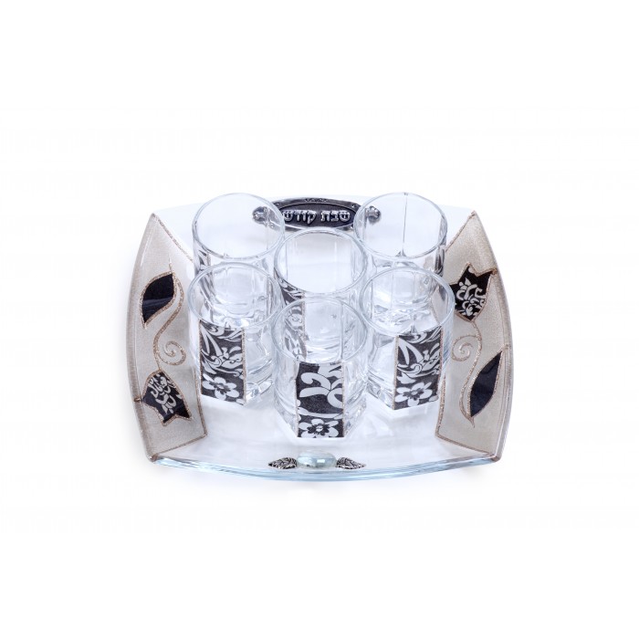 Glass Wine Cup Set with Tray, Six Cups and Black Flowers with Floral Pattern