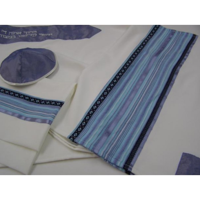 White Tallit with Blue & Gray Stripes by Galilee Silks