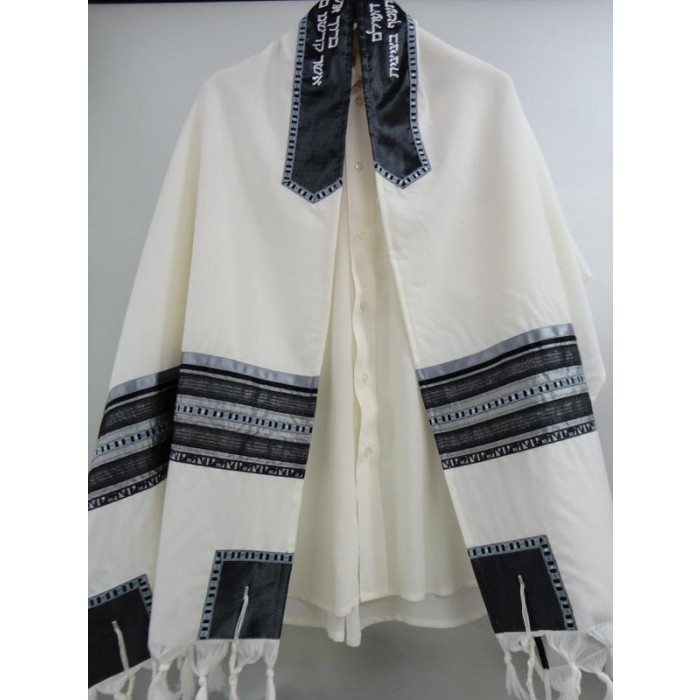 White Tallit with Gray, Black & Silver Stripes by Galilee Silks