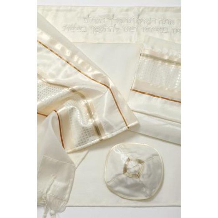 White Tallit with Gold Accents and White Stripes by Galilee Silks