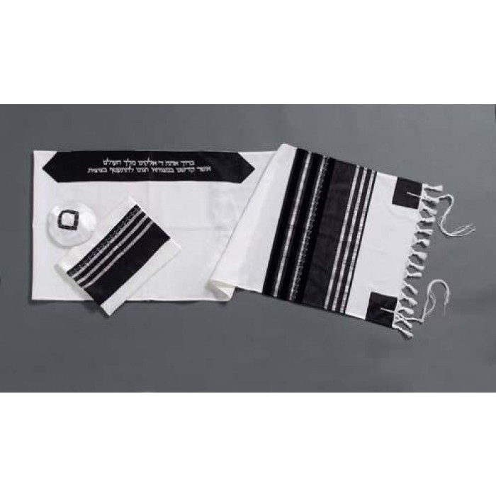 Woolen Tallit with Black & Silver Stripes by Galilee Silks