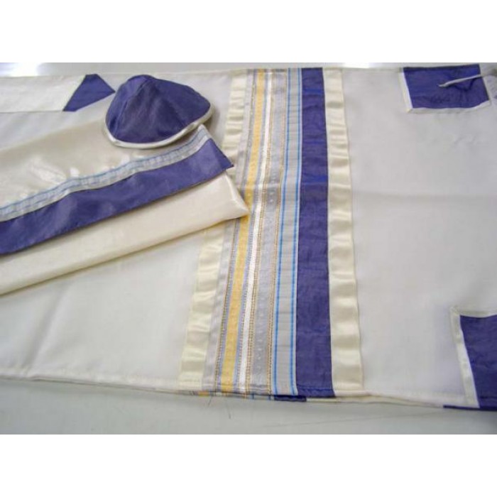 White Tallit with Blue, Gray & Gold Stripes by Galilee Silks