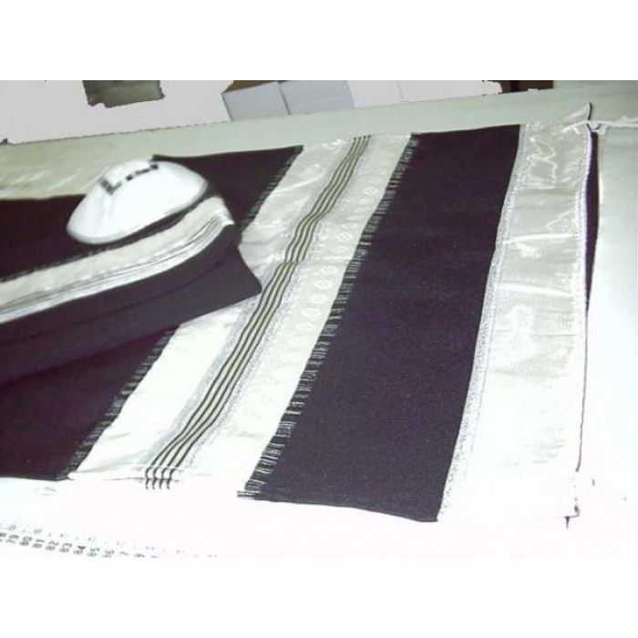 Black Woolen Tallit with White Stripes by Galilee Silks