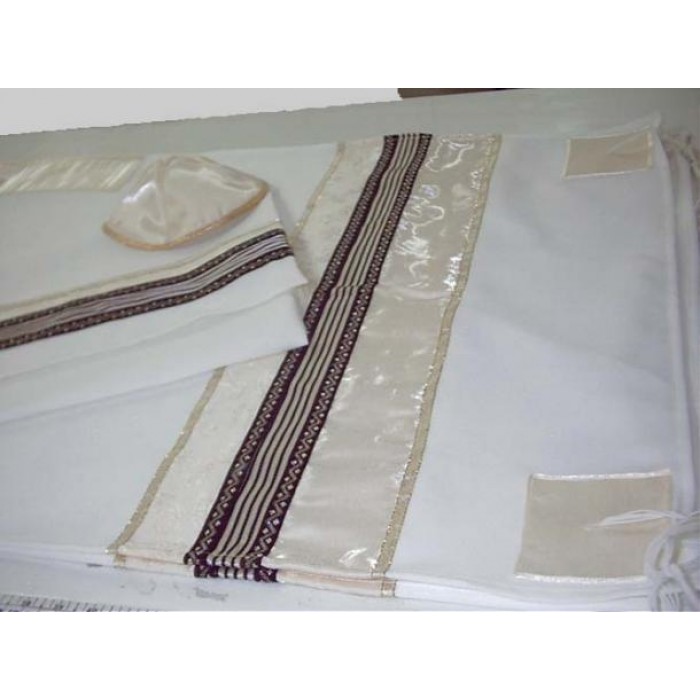 Woolen Tallit with White Band & Patterned Ribbon by Galilee Silks