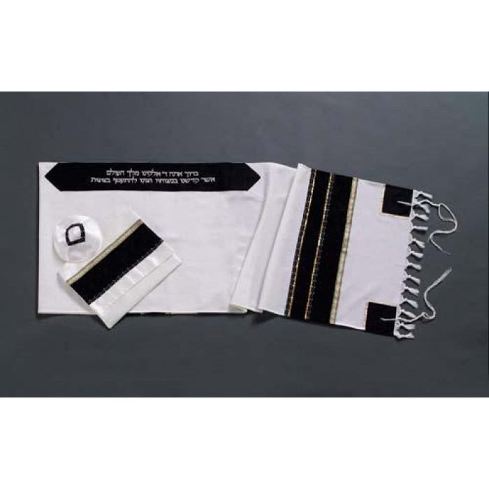Woolen Tallit with Black Band and Gold Thread by Galilee Silks