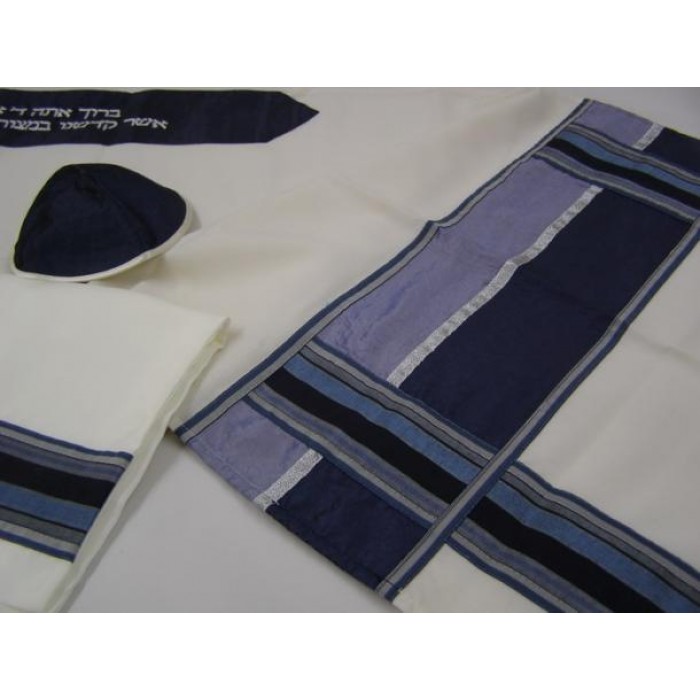 Woolen Tallit with Blue Cross Hatch Design by Galilee Silks