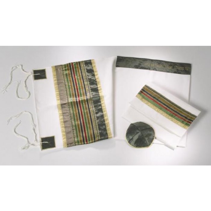 Woolen Tallit with Stone Gray Atarah and Colorful Stripes by Galilee Silks
