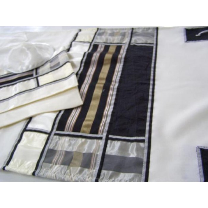 Woolen Tallit with Striped & Checkered Pattern by Galilee Silks