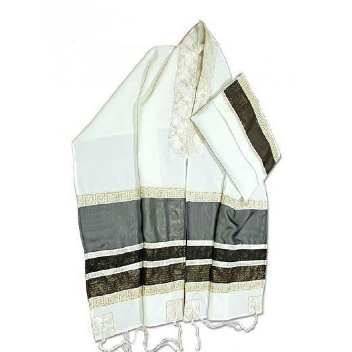 Woolen Tallit with Gray Stripes and Greek Key Pattern by Galilee Silks