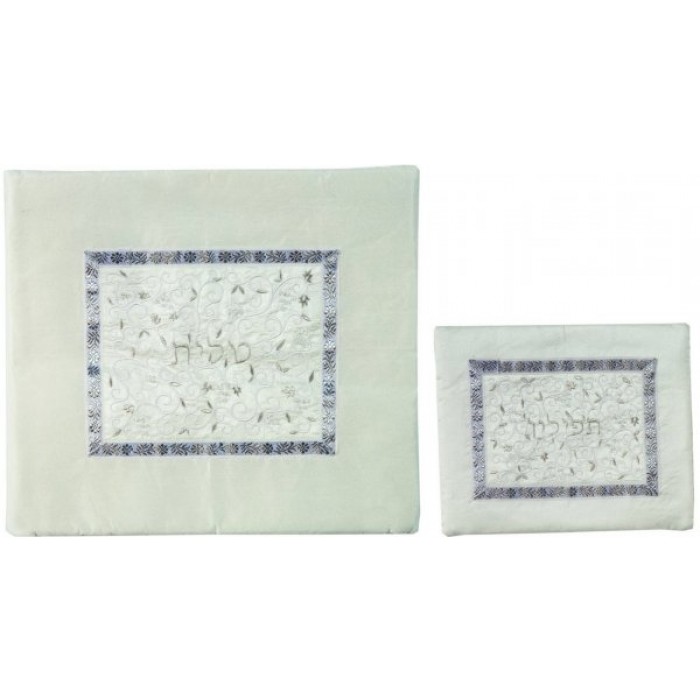White Yair Emanuel Tallit Bag Set with Hebrew Text and Floral Pattern
