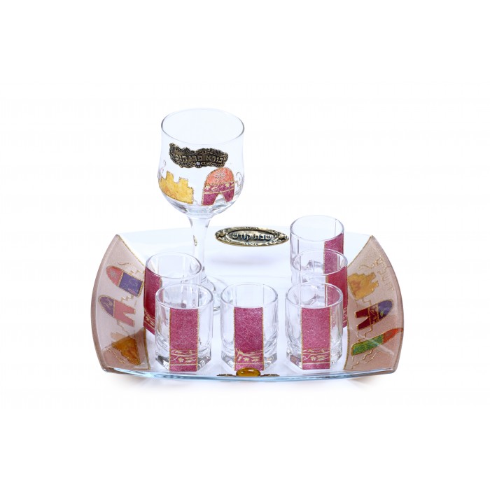 Glass Kiddush Cup Set with Seven Cups, Tray and Jerusalem Theme 