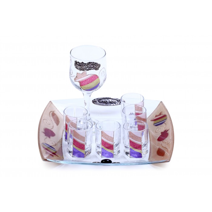 Glass Kiddush Cup Set with Seven Cups, Tray, Multi-colored Stripes and Pomegranates