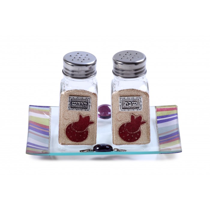 Glass Salt and Pepper Shaker Set with Maroon Pomegranates and Stripes 