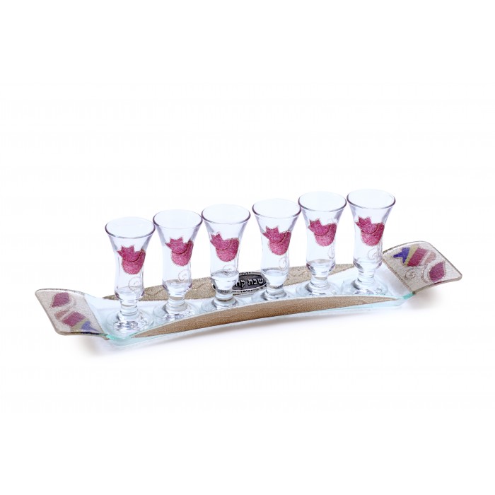 Glass Wine Cup Set with Stripes, Maroon Pomegranates and Hebrew Text