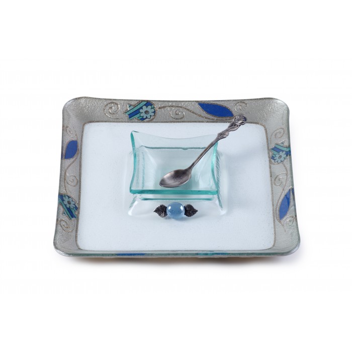 Large Square Glass Honey Dish with Blue Pomegranates, Flowers and Spoon