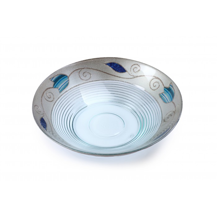 Glass Fruit Bowl with Blue Striped Flowers and Silver Detailing 