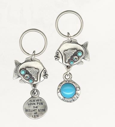 Silver Keychain with Large Fish, English Text and Swarovski Crystals