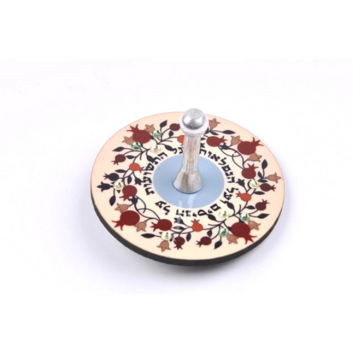 Round Dreidel with Hebrew Phrase and Colorful Pomegranate Pattern