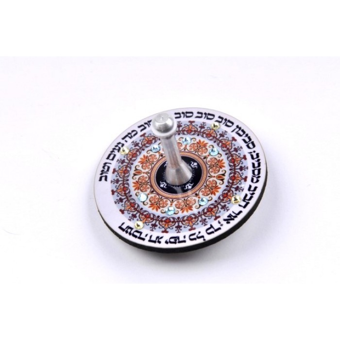 Round Dreidel with Hebrew Phrase, Floral Pattern and Swarovski Crystals