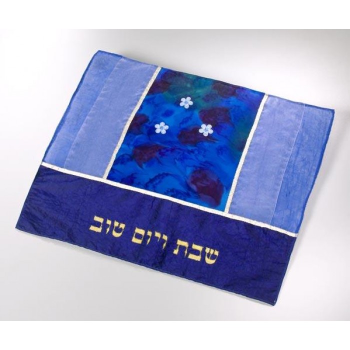 Blue Challah Cover with Floral Center by Galilee Silks