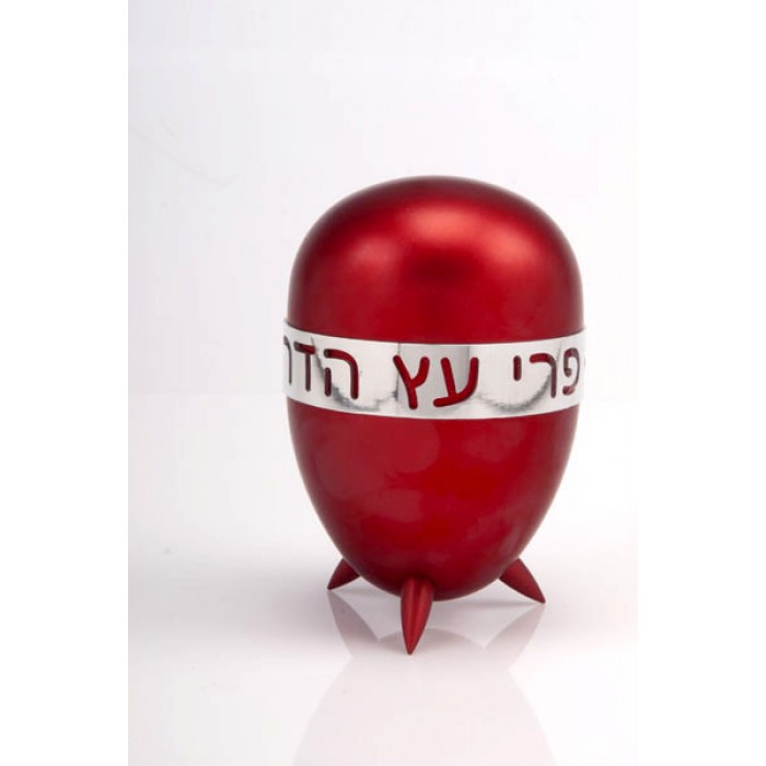 Red Aluminum Etrog Box with Cutout Hebrew Text and Polished Stripe