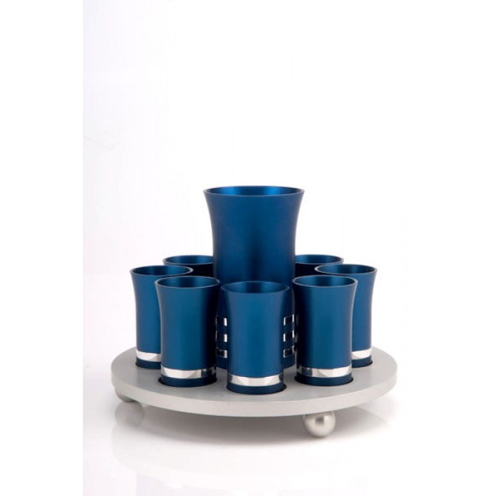 Aluminum Kiddush Cup Set with Blue Cups and Round Tray