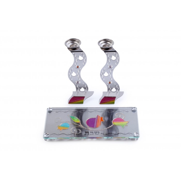 Wavy Stainless Steel Candlesticks with Rainbow Pomegranates and Tray