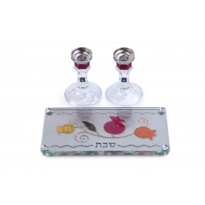 Crystal Shabbat Candlestick Set with Pomegranates and Silver Trimmings