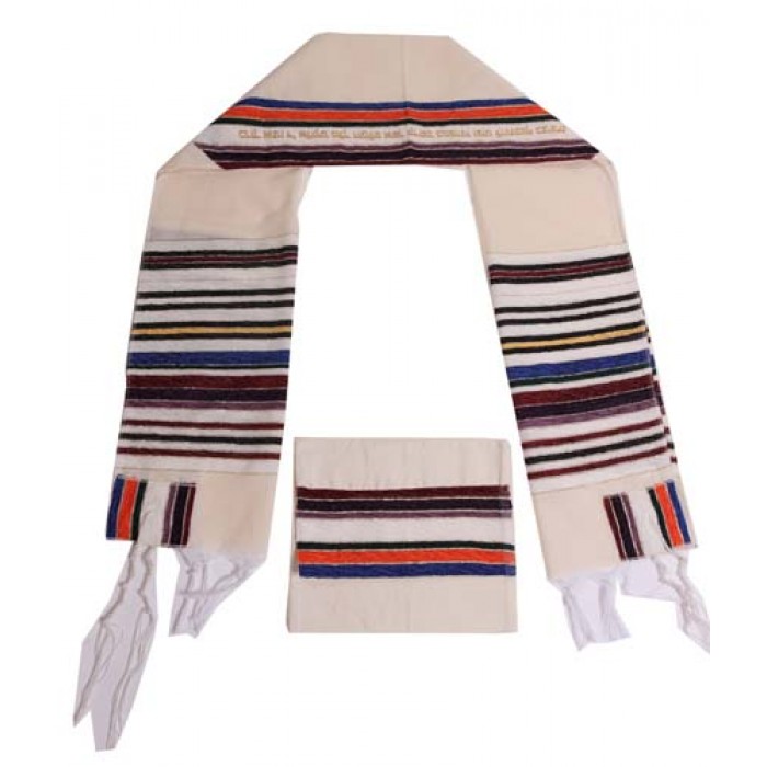 Cotton Bereshit Tallit with Multicolored Stripes and Gold Hebrew Text