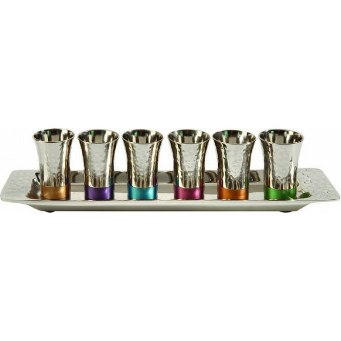 Yair Emanuel Nickel Wine Cup Set with Hammered Pattern and Multicolor Rings