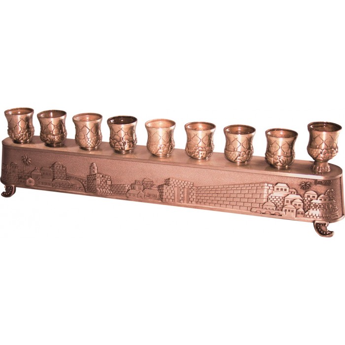 29x9 Centimeter Copper Hanukkah Menorah with Engraved Etchings