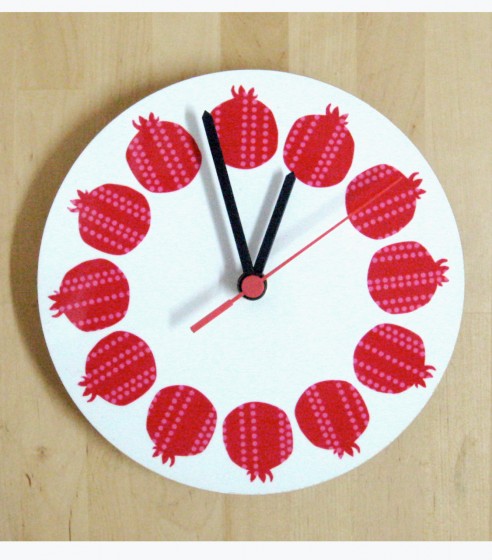 White Analog Clock with Red Striped Pomegranates by Barbara Shaw