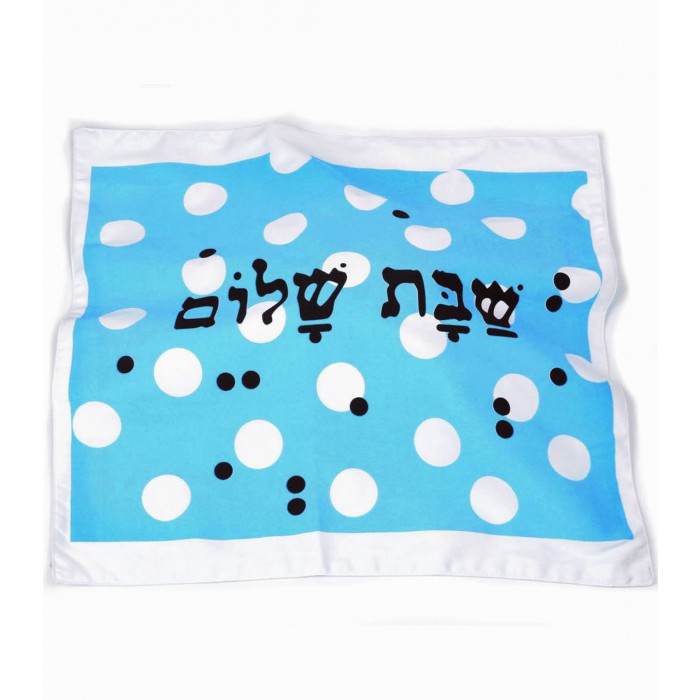 White Challah Cover with Rectangle, Hebrew Text and Polka Dots by Barbara Shaw