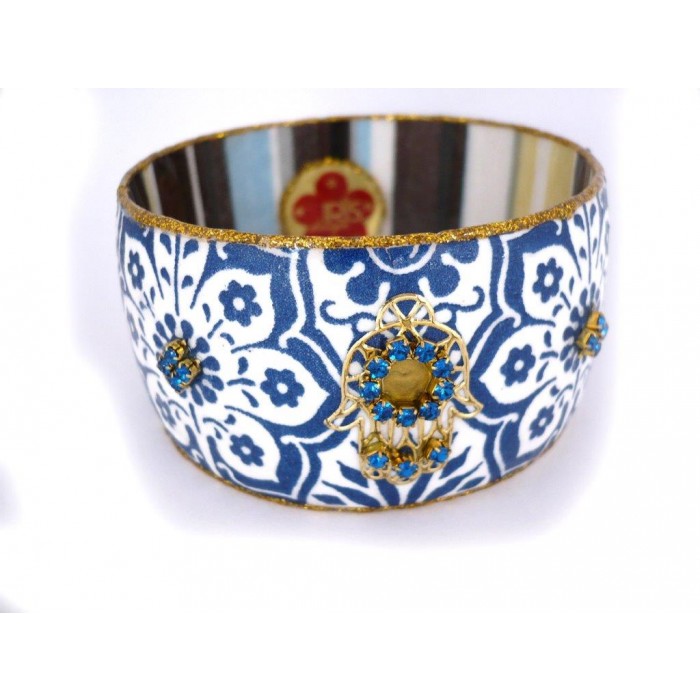 Blue and White Bangle Bracelet with Hamsa, Floral Pattern and Beads