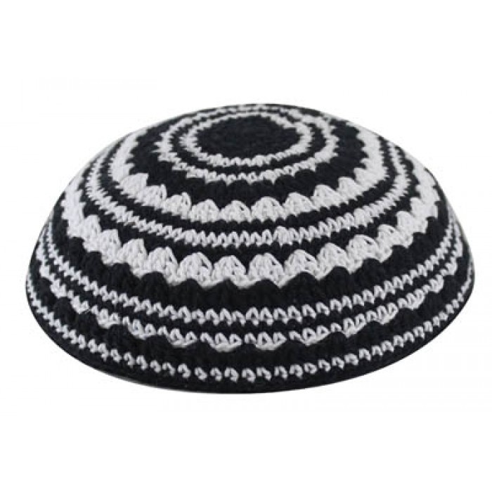 Knitted Kippah in Black and White with Concentric Bands