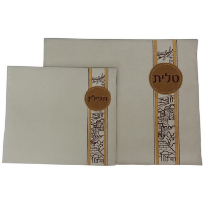 White Tallit Bag Set with Hebrew Labels and Jerusalem Images