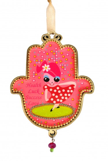 Wall Hanging of Hamsa in Pink with Girl in Red Polka Dot Dress
