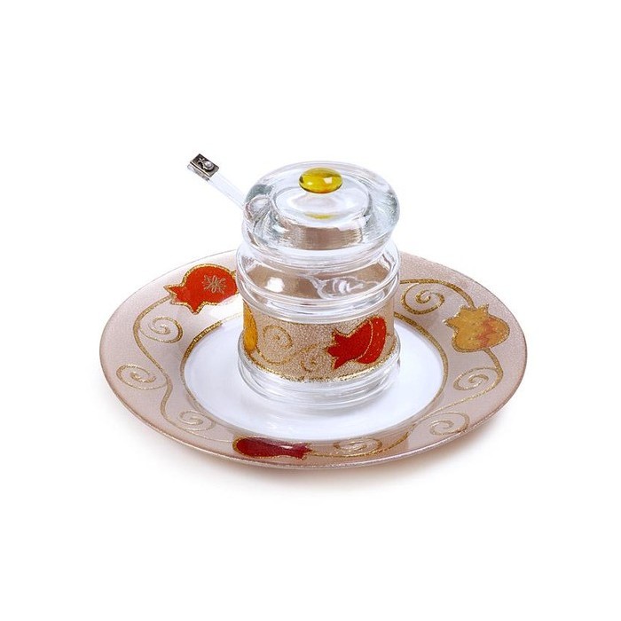 Glass Honey Dish with Painted Pomegranates and Scrolling Lines