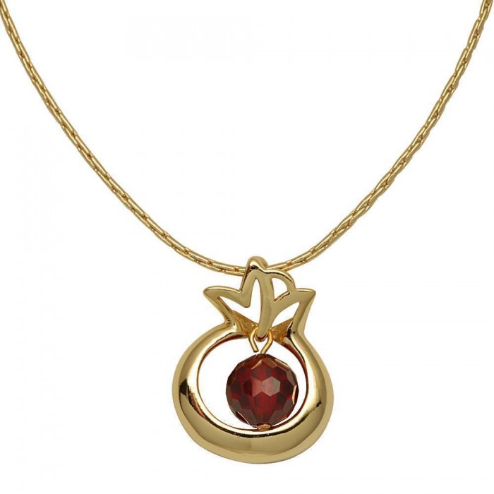 Gold Plated Pomegranate Necklace with Single Synthetic Garnet