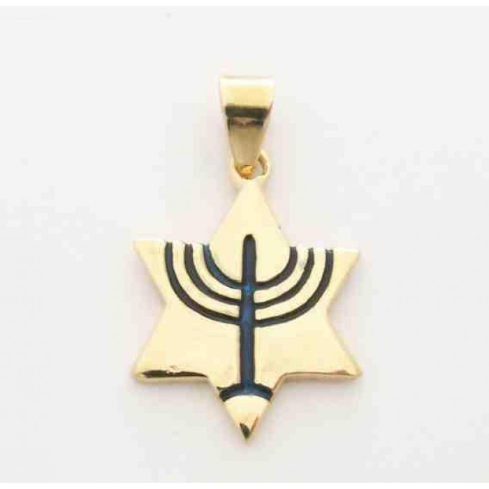 Pendant with Gold Plated Star of David and Blue Enamel Menorah