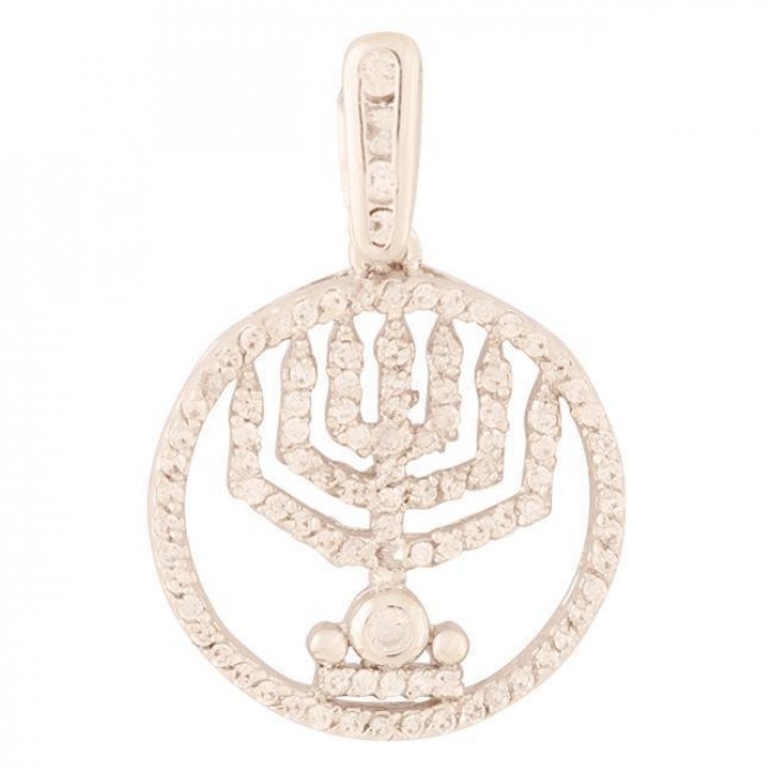 Pendant with Menorah Design and Zircon Frame in Rhodium Plated