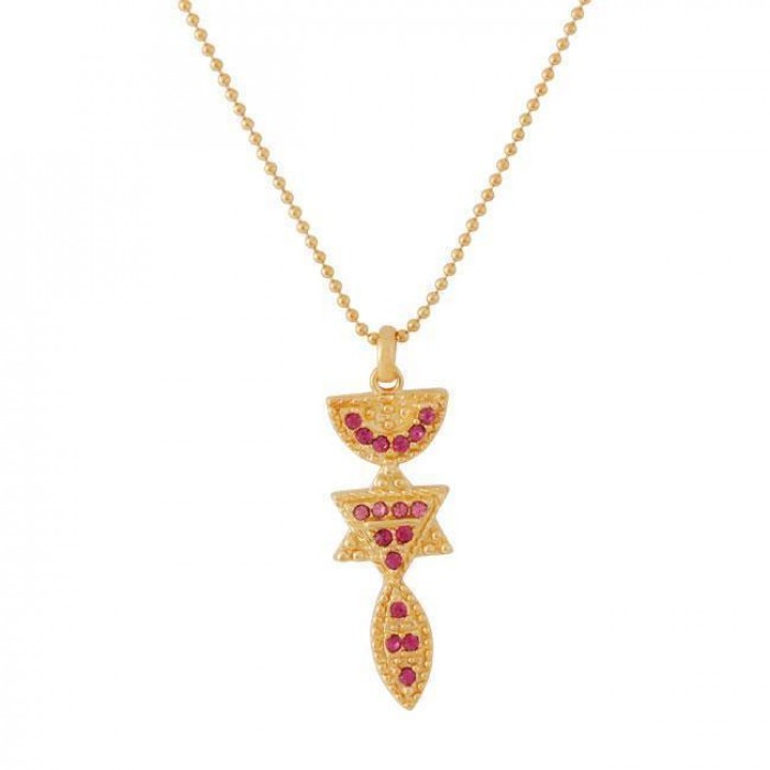 Necklace in Gold Plated with Messianic Symbol and Rose Stones