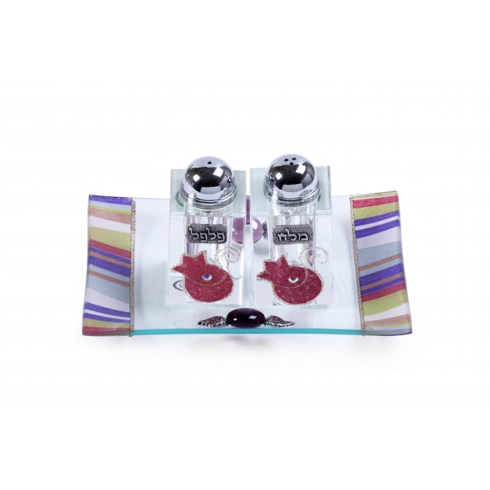 Salt and Pepper Shakers with Tray in Stripes and Pomegranate Style