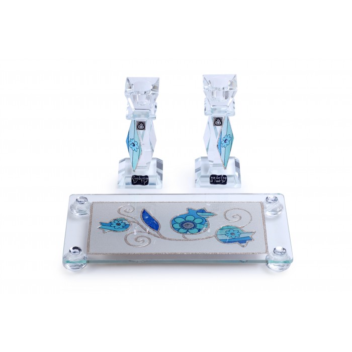 Candlesticks with Tray in Geometric Shapes with Blue Floral Pomegranates 