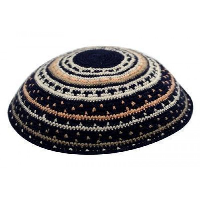 Blue DMC Kippah with Brown, Gold and Orange Stripes in 18cm