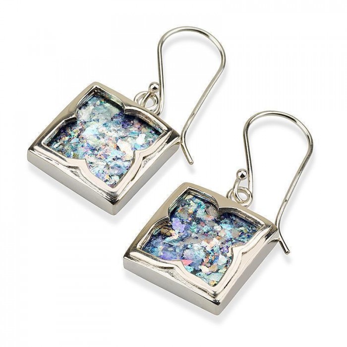 Square Silver Earrings with Roman Glass