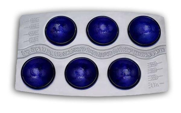 Seder Plate with Blue Glass Bowls & Red Sea Crossing Design  